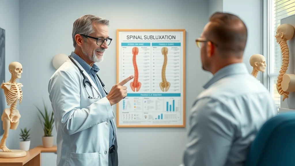 Clean, professional illustration of a spinal subluxation chart displayed in a modern chiropractic office — Focused, confident chiropractor gently pointing at the chart, explaining to a patient, styled as Photorealistic set in a well-lit, welcoming exam room with anatomical models, featuring gentle movement as the practitioner gestures, rendered with excellent depth of field, crisp anatomical textures, high realism, emphasized with a calming blue and white color palette, under soft diffused daylight, captured as if shot with a 50mm lens.