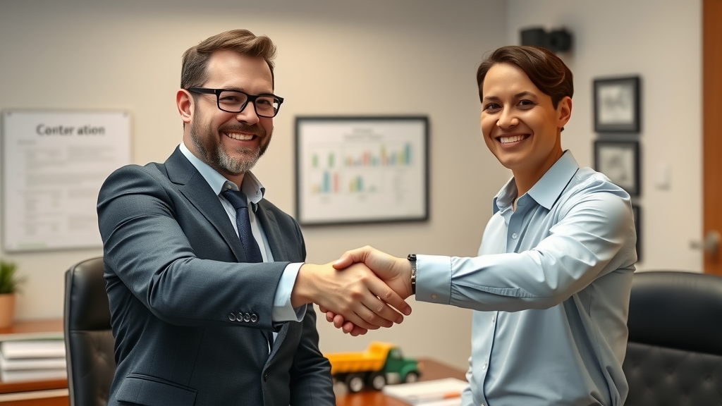 Confident business owner shaking hands with lender, dump truck equipment financing, contract and truck models, handshake focus, warm tone, soft studio lighting