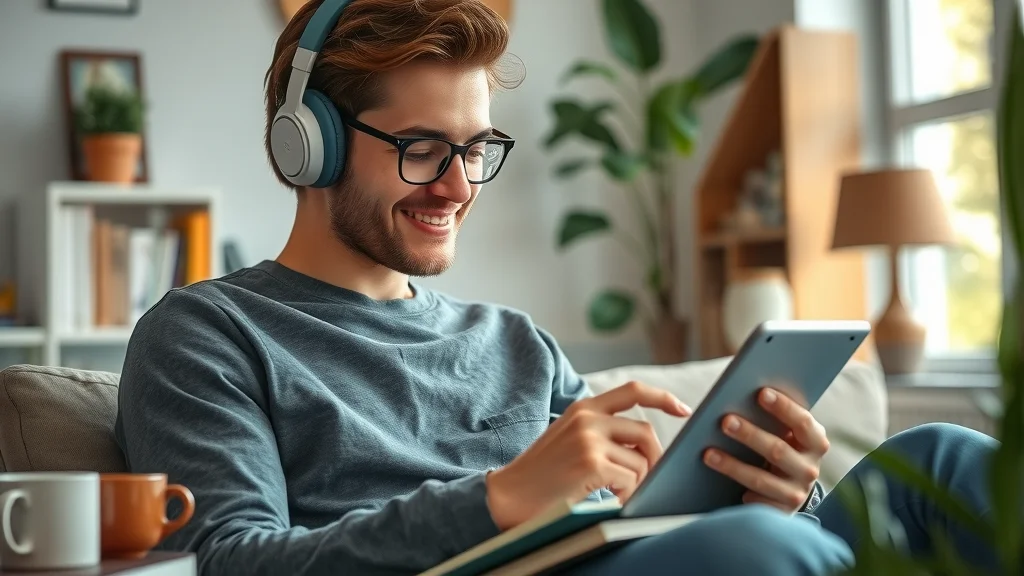 Focused learner practicing Italian language with headphones, a tablet, and notebook in a cozy, modern environment.