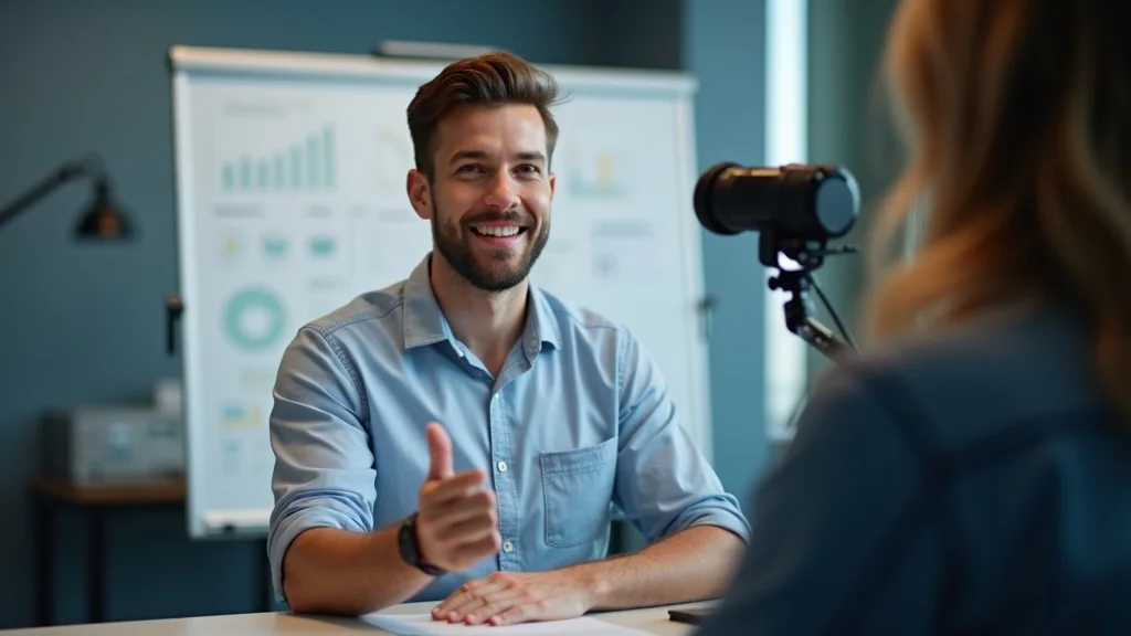 Young CPA recording educational video in a podcast studio. Social media content strategy for finance.
