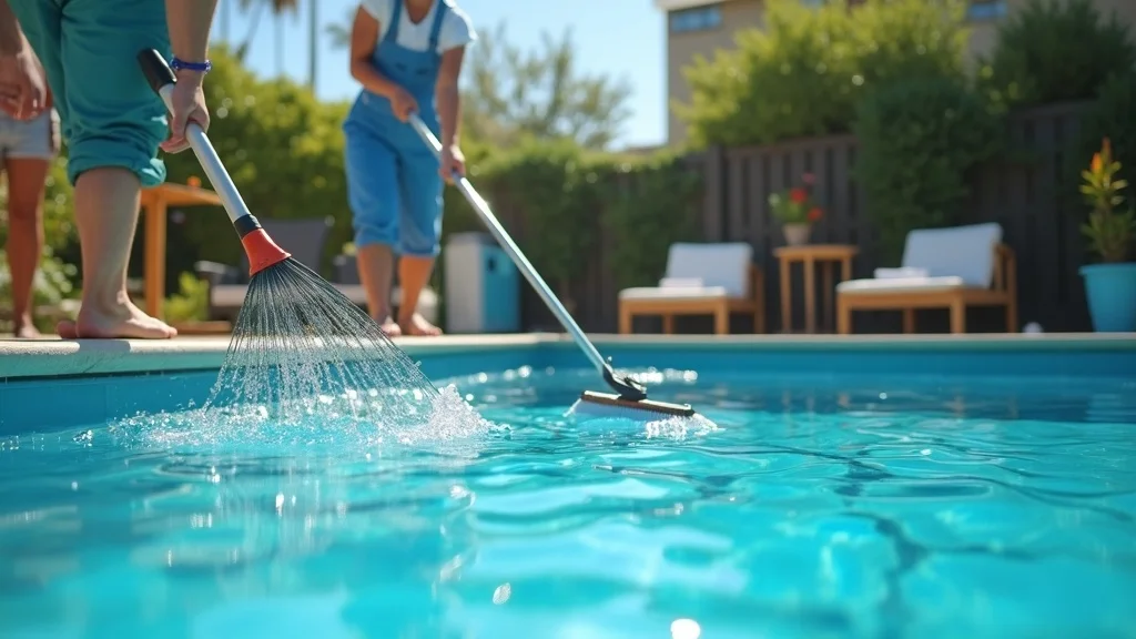 Person performing organized pool maintenance with professional equipment beside a sparkling crystal clear pool