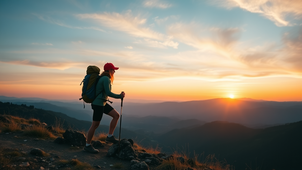 hiker with Alice Pack on mountain trail at sunset