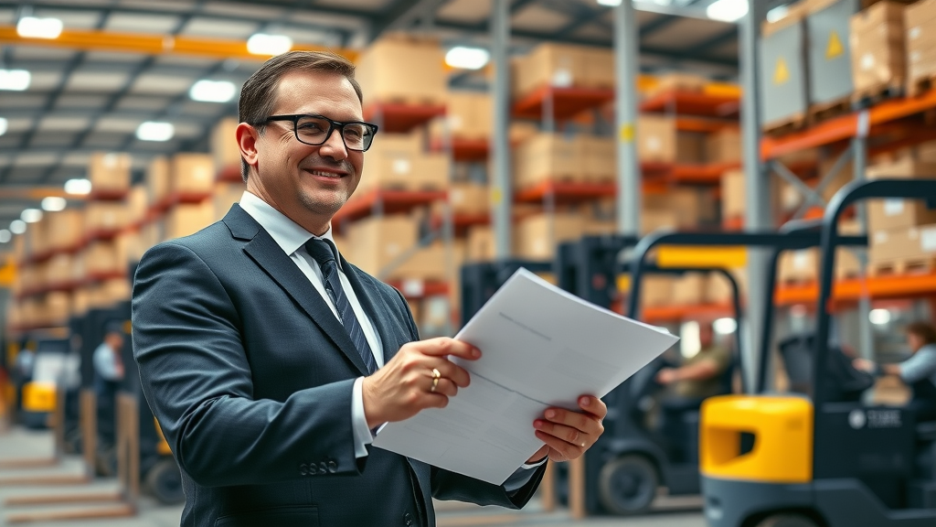 dynamic business warehouse with forklift equipment financing in use, confident business owner with lift trucks and employees