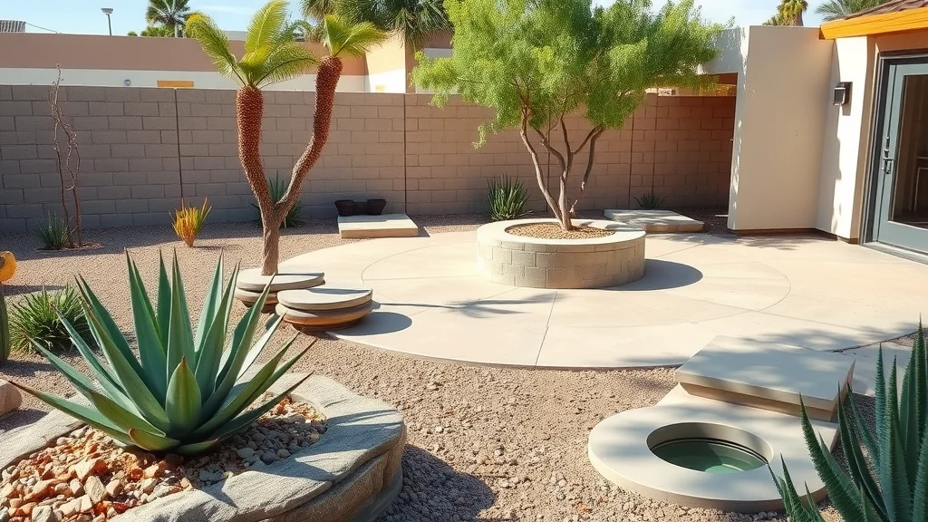 Modern Arizona backyard hardscape with concrete patios, stone walkways, and desert plants like agave and yucca.