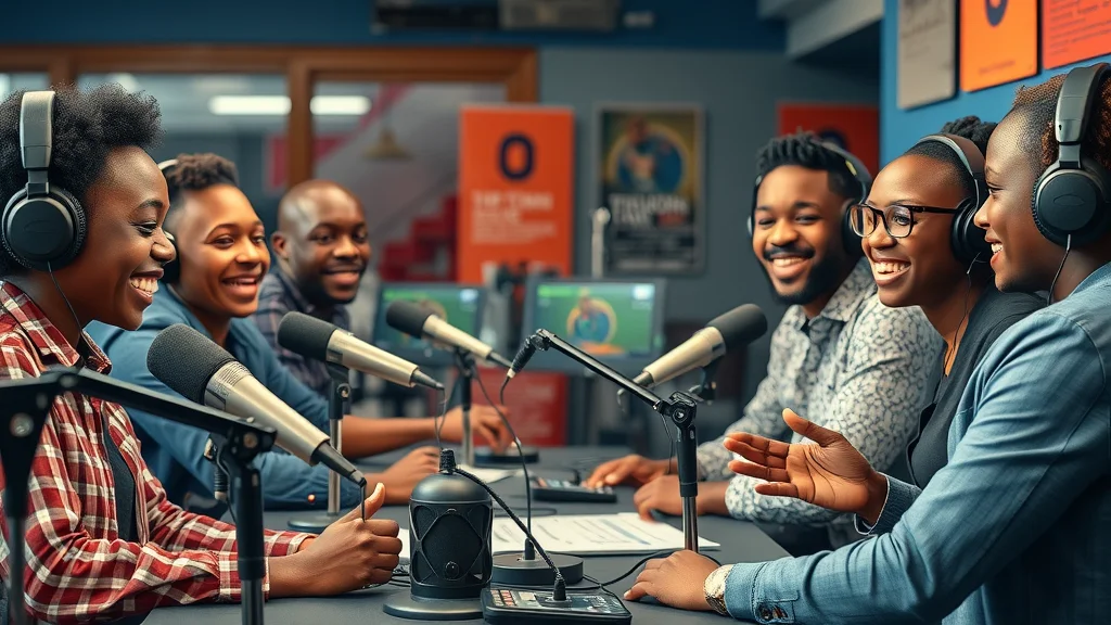 Inside view of a modern African radio studio with a diverse group of presenters, illustrating spoken languages in African media and culture.