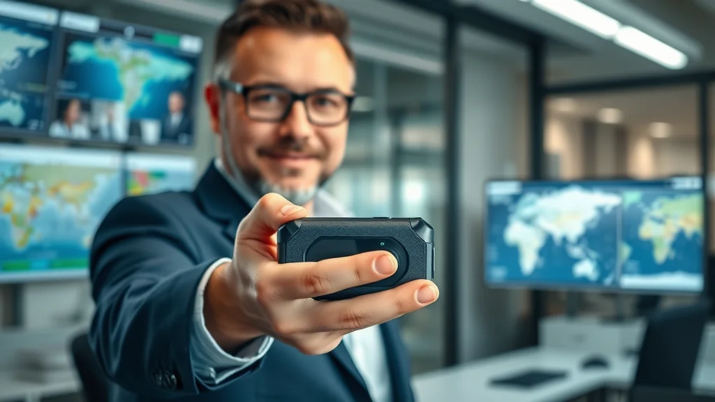 Advanced GPS tracking device in hand demonstrating gps tracker and gps tracking device integration for vehicle tracking – photorealistic, modern office, digital displays in background