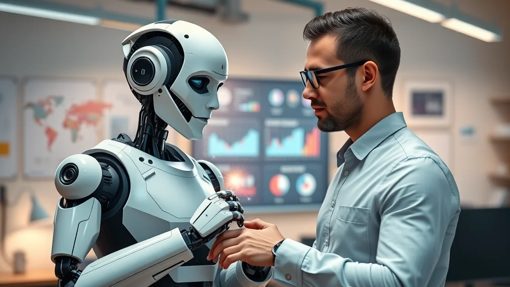 Human marketer and AI robot collaborate on digital branding dashboard, demonstrating AI marketing tool synergy