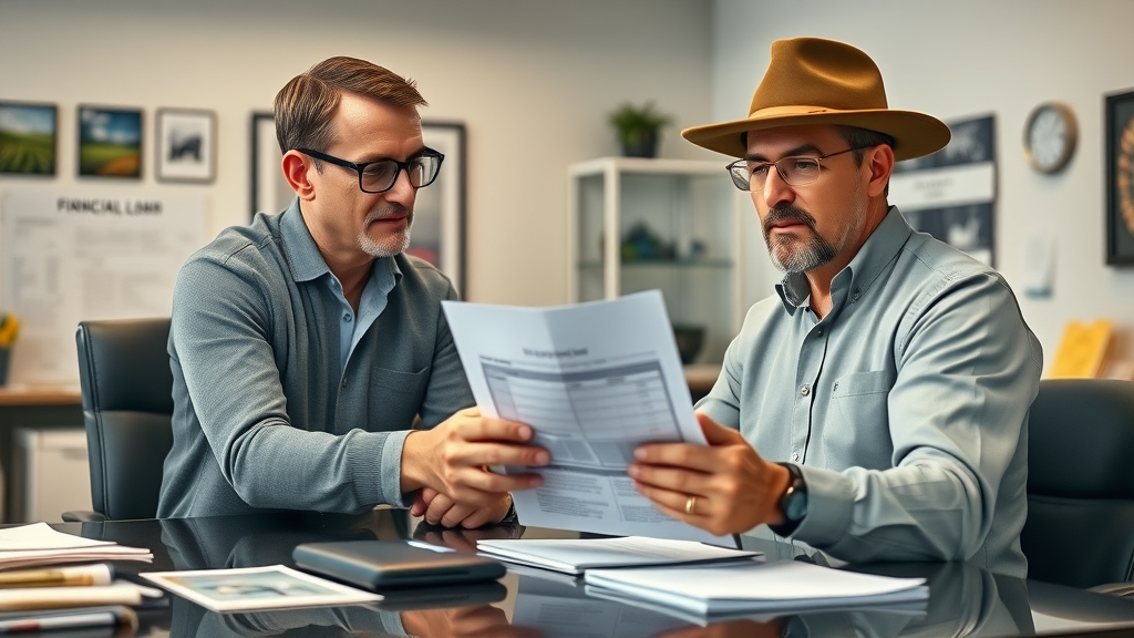 financial advisor and farmer reviewing tractor equipment financing application in office, collaborative atmosphere