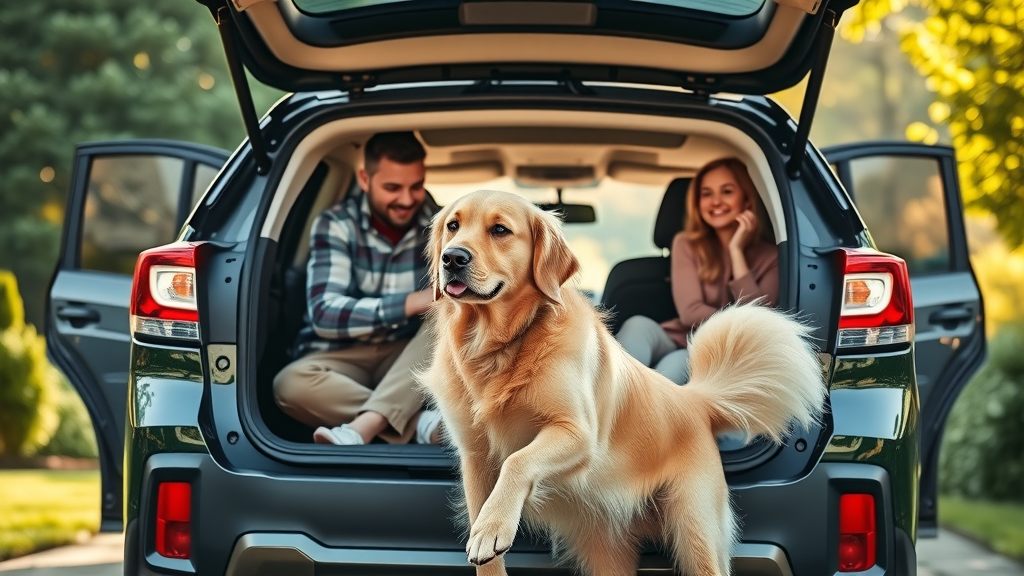 dog-friendly subaru features every pet owner will appreciate - inviting family and golden retriever by Subaru SUV in suburban driveway, relaxed expressions, photorealistic, sunlight filtering through trees