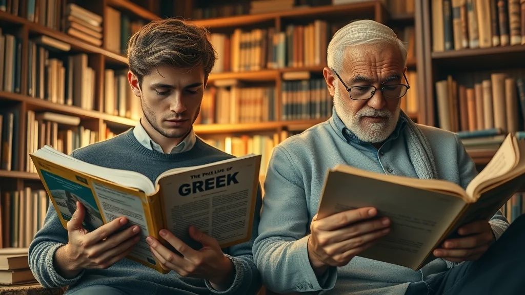 Young adult reading modern Greek book and older person studying ancient Greek manuscript in cozy library, comparing texts, earth tones with golden hour light for modern versus ancient Greek learning.