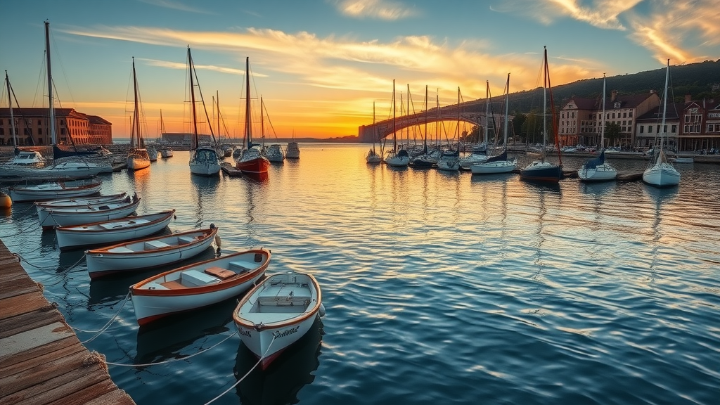 Picturesque view of sunset over harbor in Grand Marais with small boats and serene water