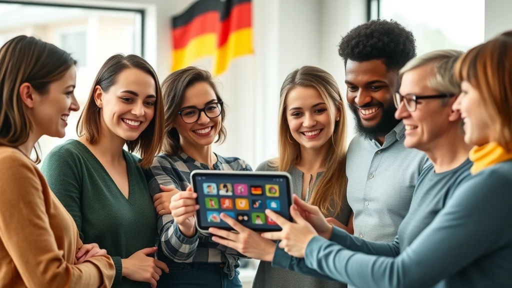 Group of learners using German apps for how to become fluent in German in a modern classroom