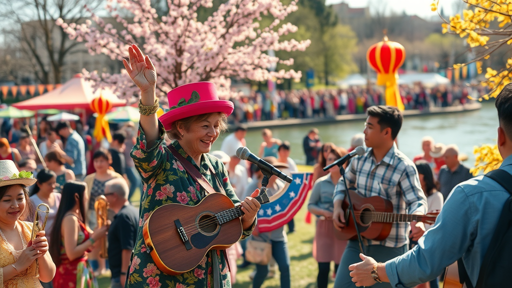 A lively Michigan spring festival by the Great Lakes featuring musicians and dancing, attended by a bustling crowd in vibrant colors