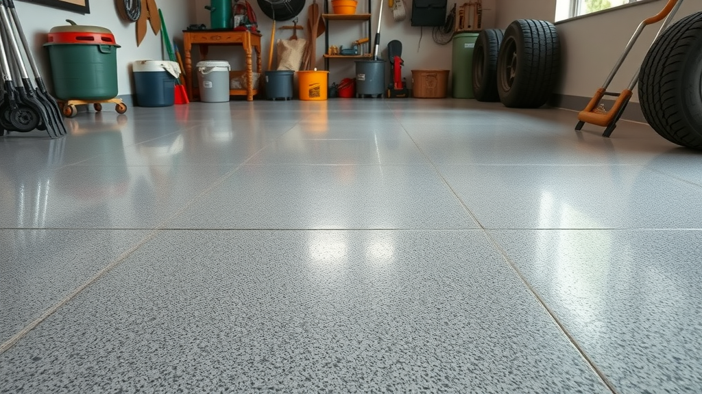heavy-duty garage scene, floors withstand impact, clean and polished epoxy surface