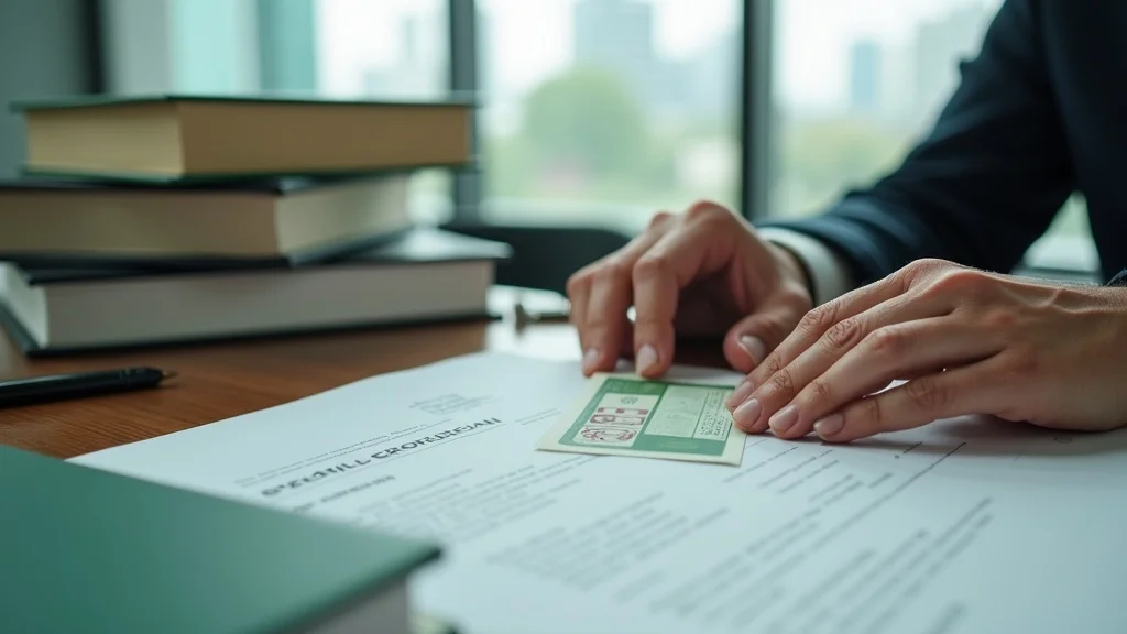 Hand holding legal document with green card on a law office desk