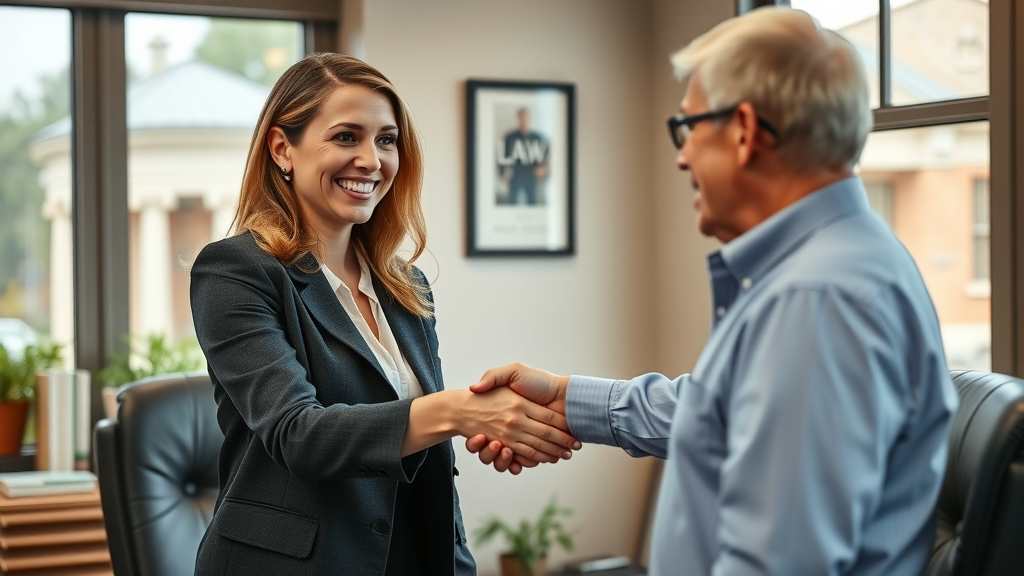 law firm Cullman AL female attorney welcoming middle-aged client