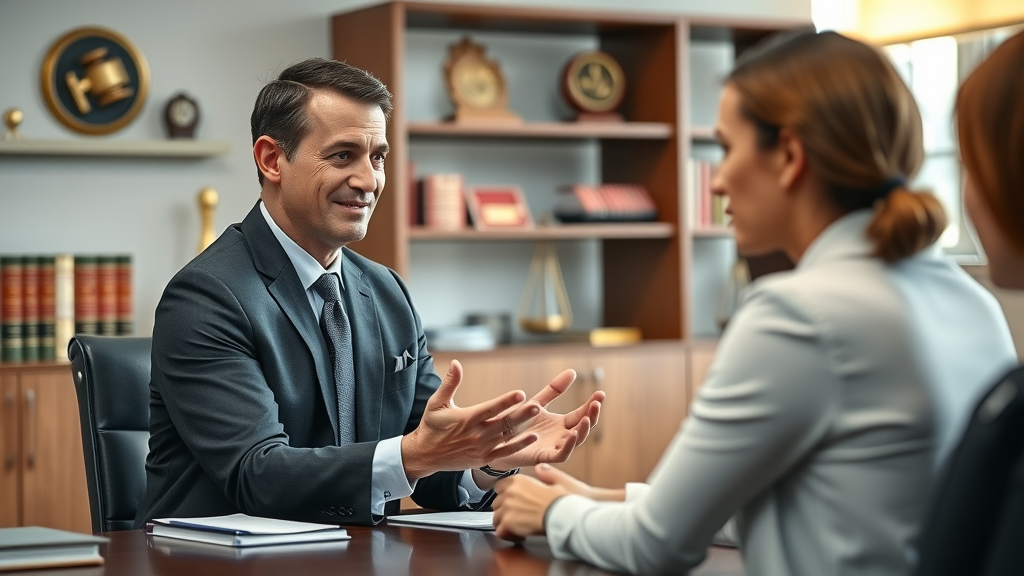 Professional divorce mediation attorney Hamden CT calmly guiding a couple in a modern law office, legal books and awards, serene decor.