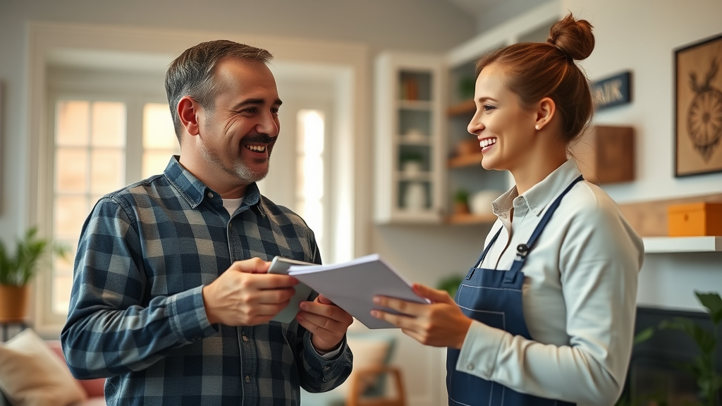 Happy homeowner discussing services with a professional plumber, indicating successful drain repair collaboration.