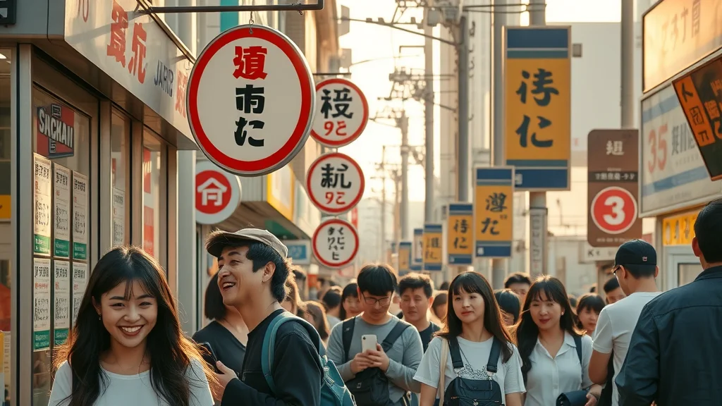 Busy Japanese street scene with vibrant kanji signs, illustrating the importance of kanji knowledge for everyday activities and societal participation.