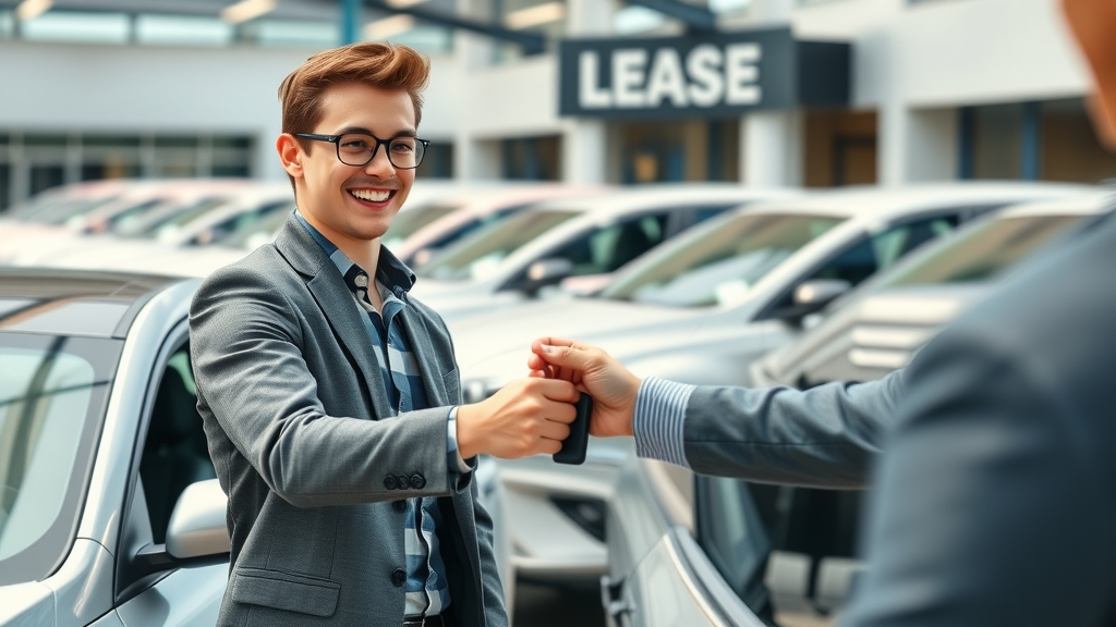Young adult hands keys to dealer while evaluating a leased car, illustrating the leasing a car process at a dealership lot