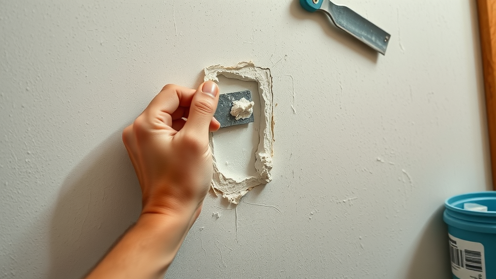 close-up of DIYer patching a small drywall hole with compound and putty knife, small hole repair cost