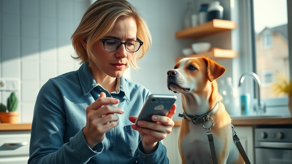 Vigilant pet owner checking weather app with dog nearby, thermometer and cooling products visible, illustrating strategies to protect your pet during a heatwave