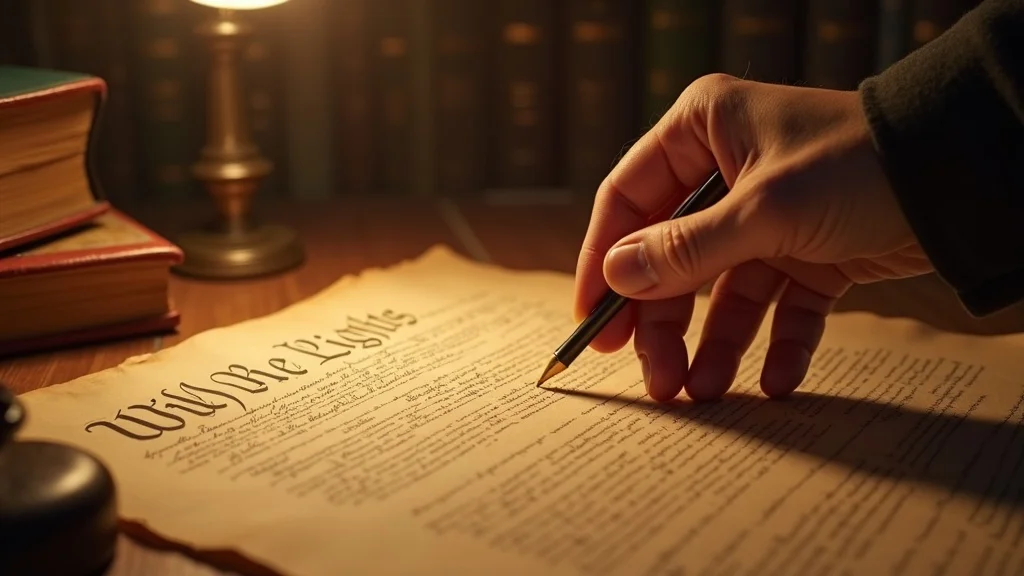 U.S. Constitution and Bill of Rights — hand highlighting text on aged parchment, classic library with antique legal books, warm golden sepia hues