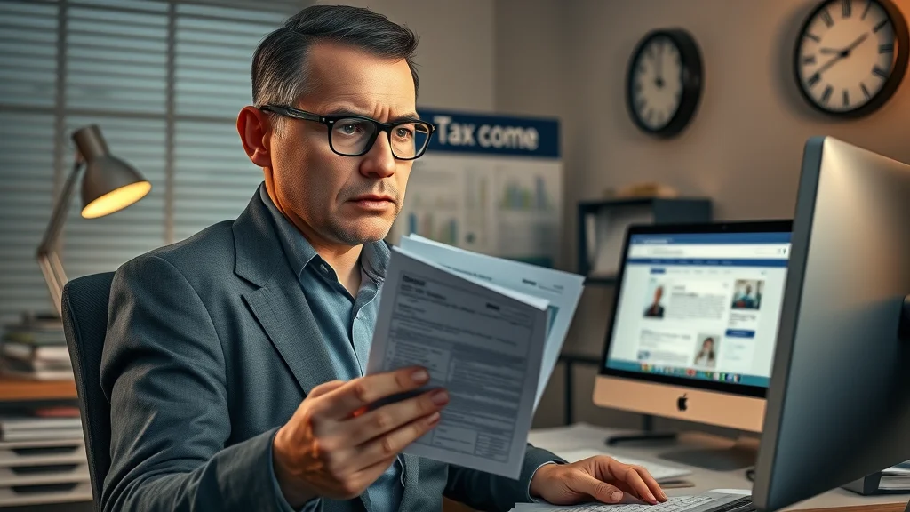 Concerned small business owner reviewing tax documents for payroll tax penalties and late filings, IRS website visible on computer