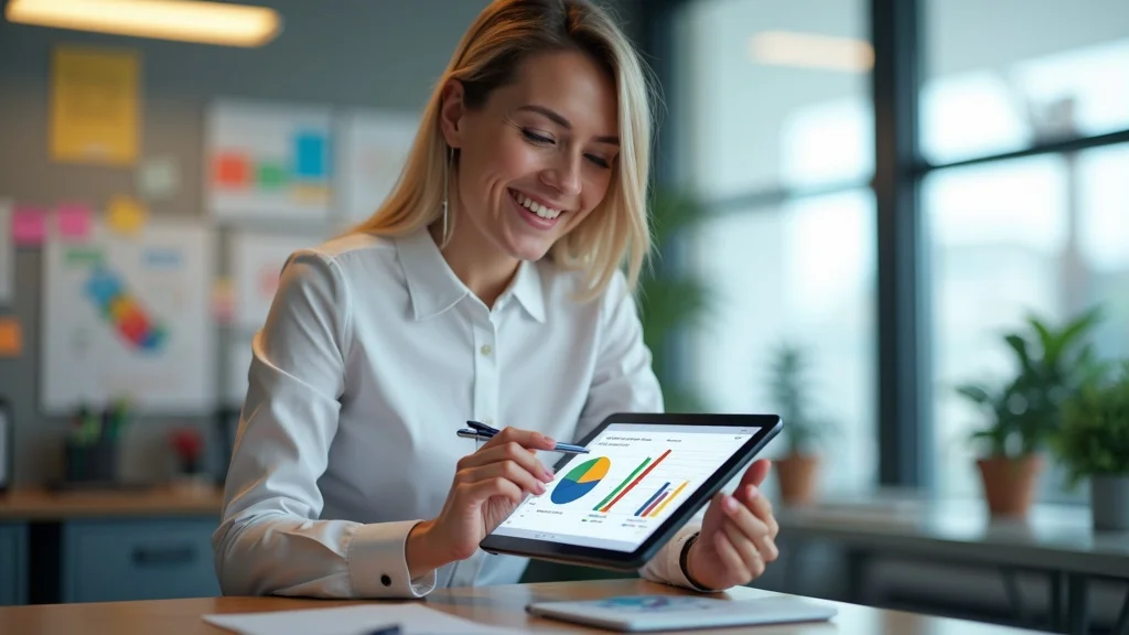 Cheerful finance manager with digital charts explaining marketing budget allocation - diy marketing