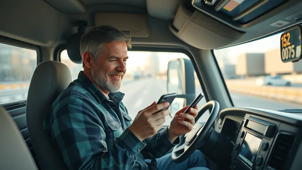 Relaxed truck driver uses mobile app for check call update inside clean truck cab using dispatching software