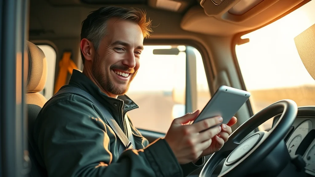 Truck driver interacting with management software on a mobile tablet in the cab for driver management and settlement modules