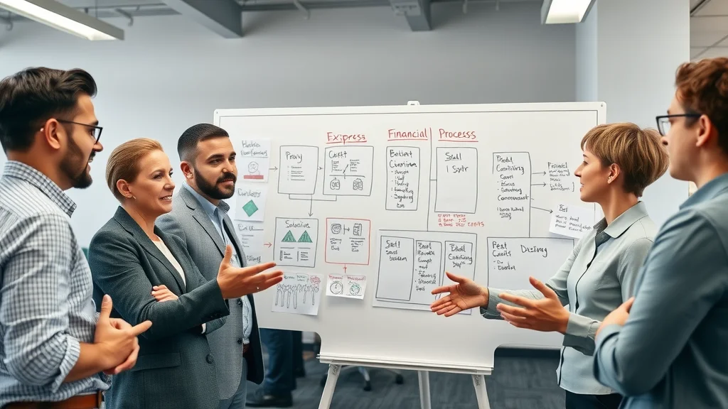 Business owner delegating financial responsibilities to collaborative team, planning at a whiteboard to improve business focus.