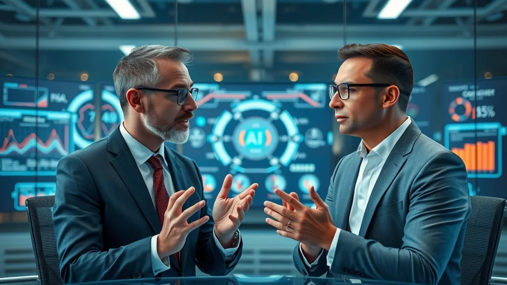 Diverse business leaders and digital avatars debating challenges in ethical AI governance with holographic AI data