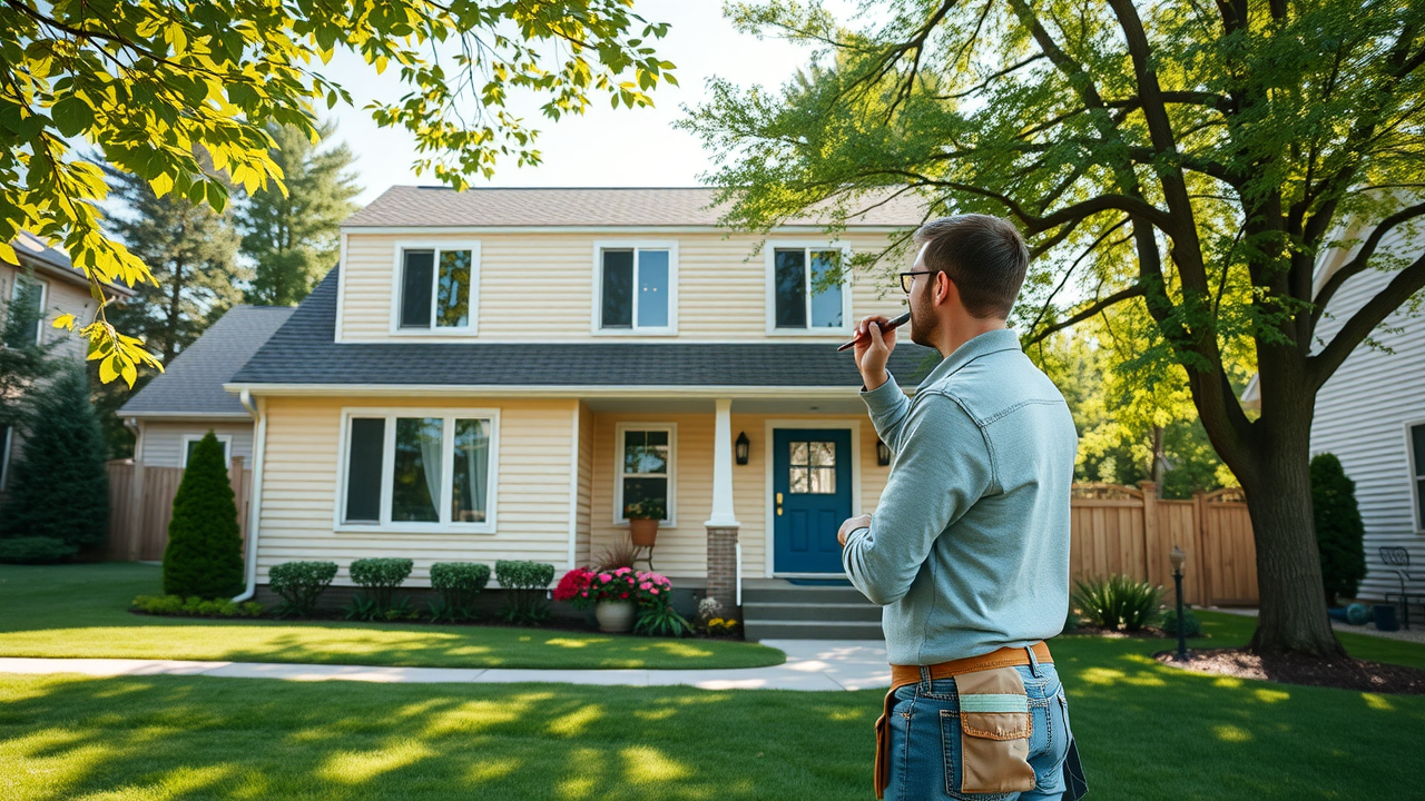 Vibrant suburban home in St. Paul with pristine freshly painted exterior, professional painters St. Paul Minnesota adding finishing touches. Lush green Minnesota neighborhood, bright daylight, high fidelity photo.