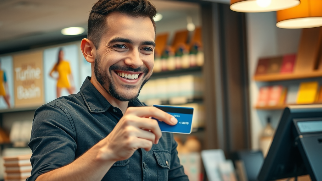Energetic small business owner, accepting credit card payment, merchant cash advance mechanics