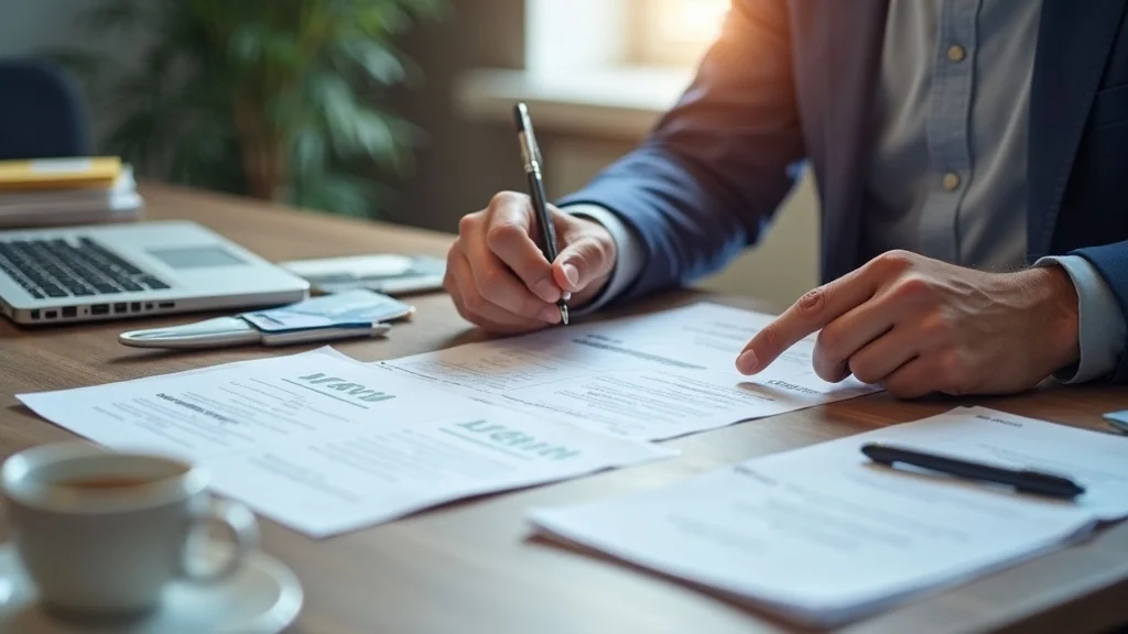 Organized desk with H-1B visa application paperwork, diligent hands sorting documents—showing process and organization for a visa application.