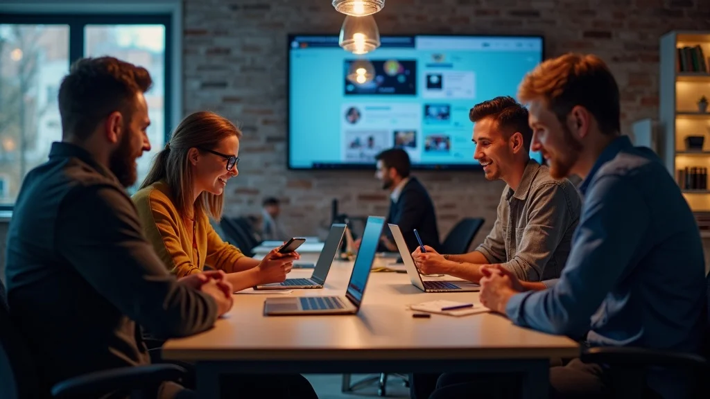 Marketers engaging with audiences and social feeds in creative agency lounge - social media for scaling your marketing