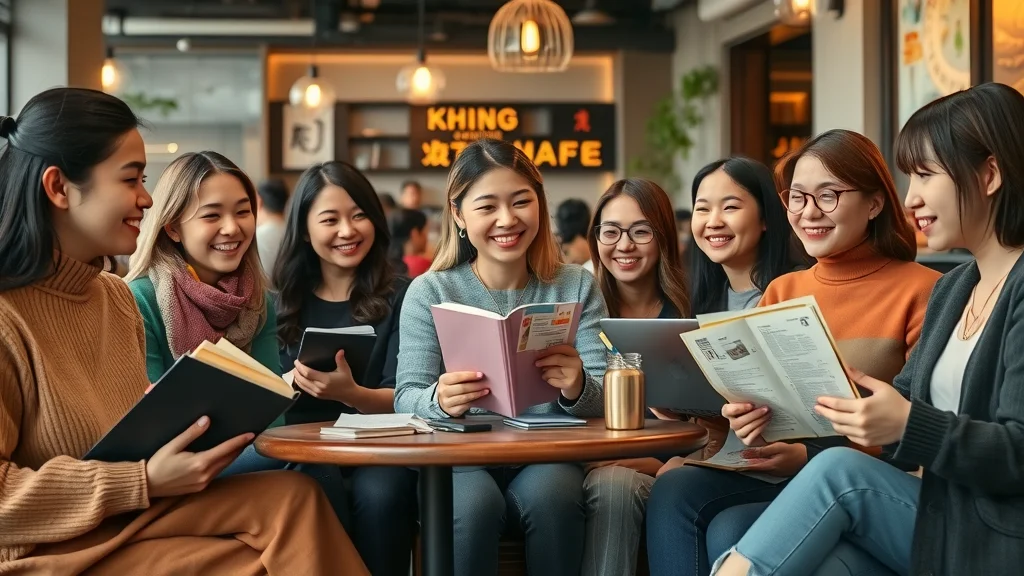 Diverse group of Chinese language learners in friendly café setting discussing their Chinese journey