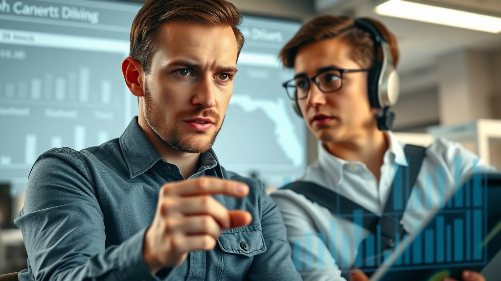 Florida traffic school infographic, drivers analyzing DMV data and statistics