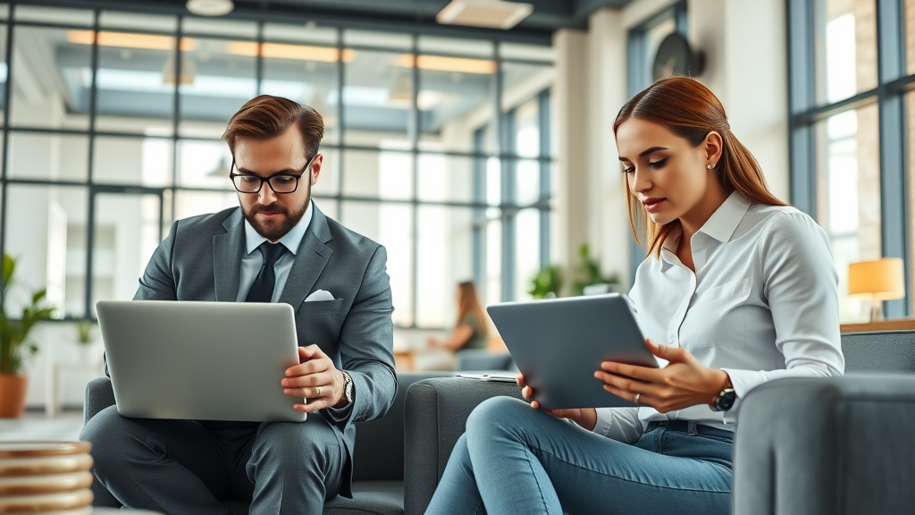 modern office furniture online shopping in Plainville CT, businesspeople using laptops to browse office furniture in a contemporary workspace