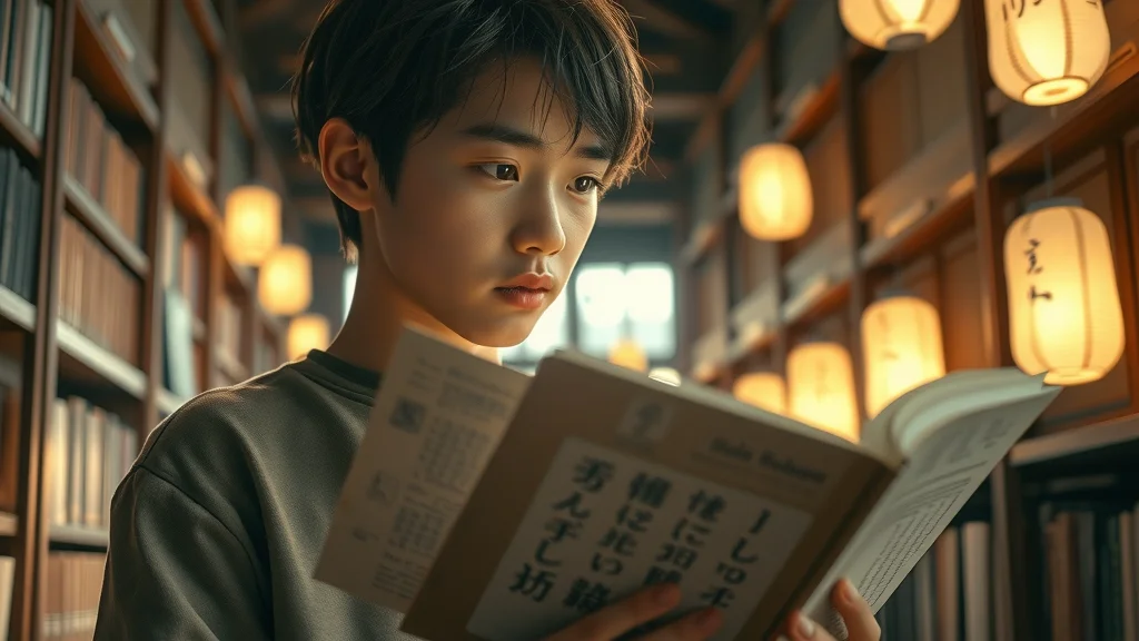 Reflective Japanese student reading kanji literature, immersed in a novel—demonstrating the rewards of advanced kanji mastery.