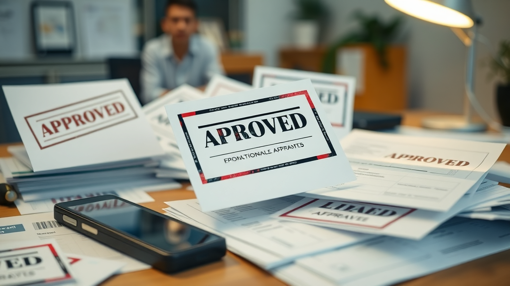 Fast-paced montage of loan approval and financial forms for dump truck equipment financing, approved notification on desk device