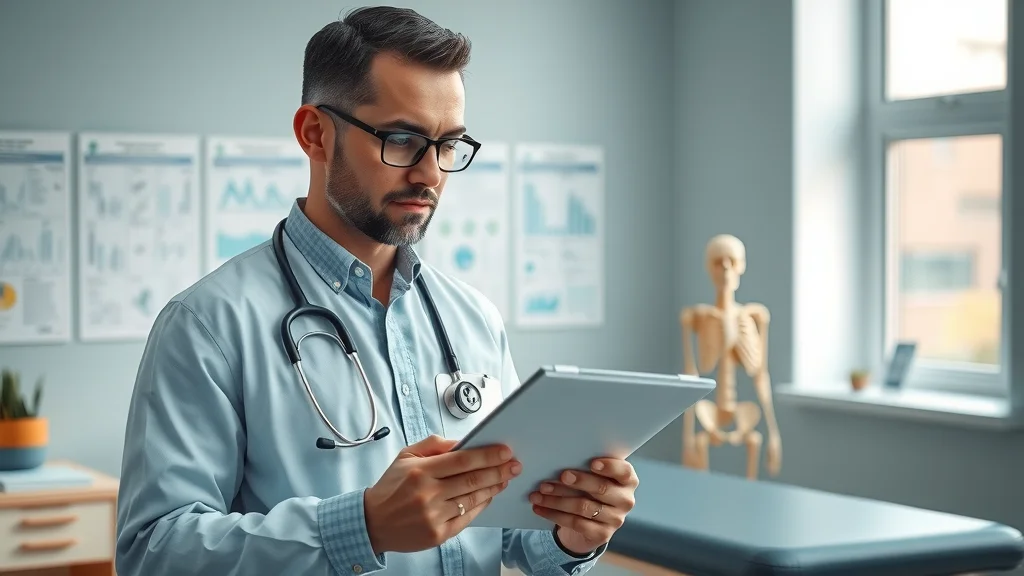 Thoughtful Sacramento medical professional reviewing patient records near a chiropractic adjustment table