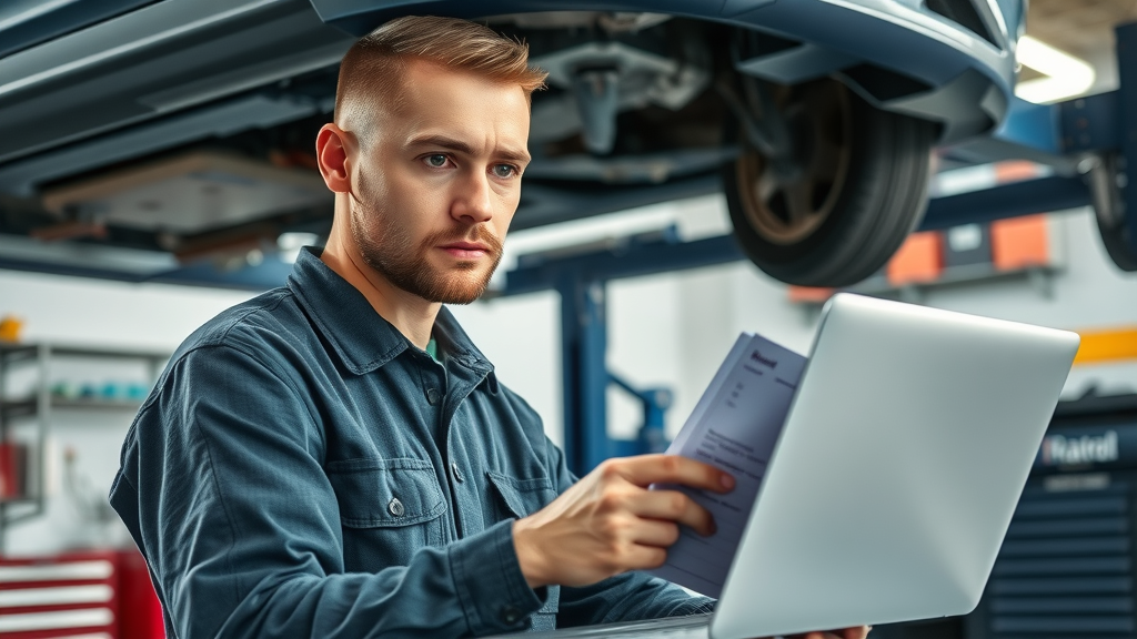 Auto mechanic inspects car undercarriage to compare maintenance needs for leasing vs. financing arrangements