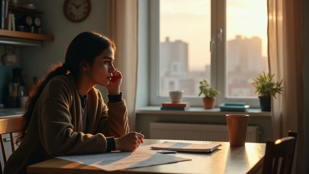 Reflective immigrant considering voluntary departure in deportation defense, at a kitchen table, photorealistic, warm morning light, lifelike expression.