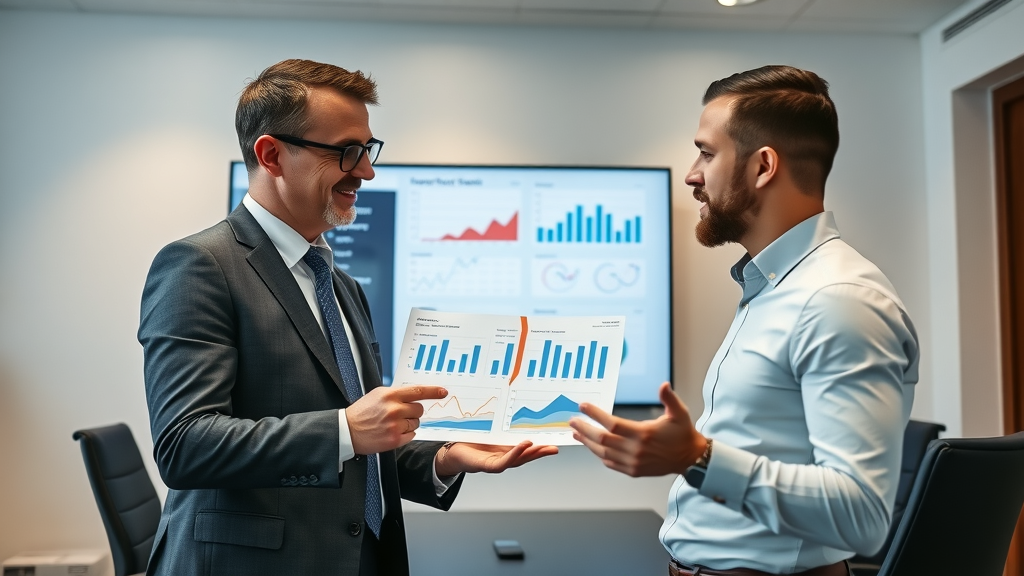 Business consultant presenting advertising platform comparison charts to small business owner