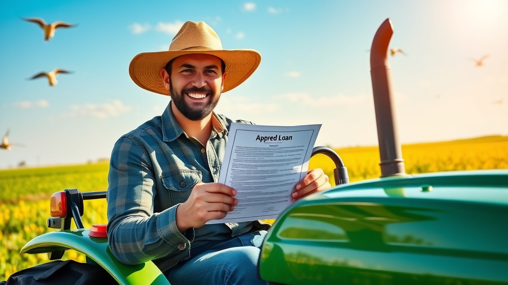 farmer smiling, holding approved loan document, sitting on tractor, optimistic about equipment loan
