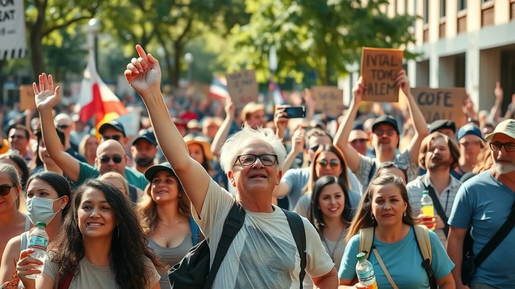 protest outfit summer day crowd peaceful demonstration active participants photorealistic