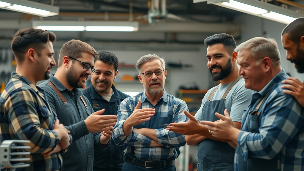 Diverse team of handymen collaborating in a modern workshop