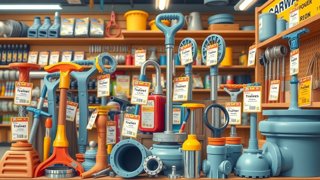 Various drainage repair tools with price tags indicating cost differences.